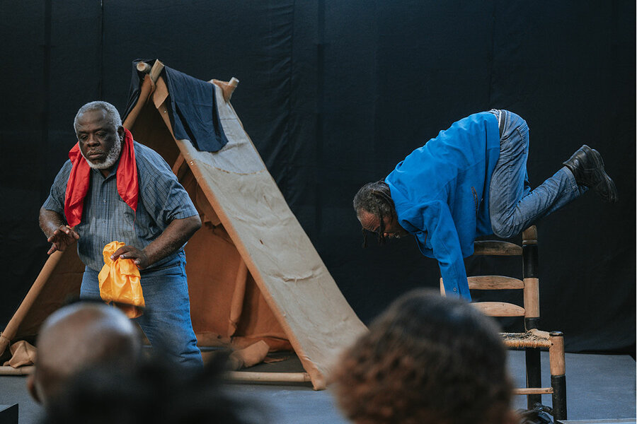 Actors Rolando Etienne (left) and Chelson Ermoza perform “Kalibofobo” by Frankétienne during the Quatre Chemins theater festival. The play is about a Haitian politician in the early 21st century whose buffoonery knows no limits.
